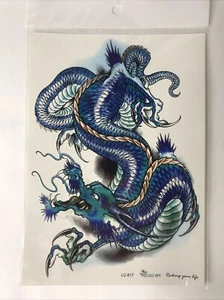 Mythical Creature Blue Chinese Dragon Sea Serpent 8 Inch Temporary Tattoo - Picture 1 of 3