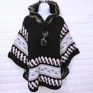 NWT American Rag 'Park City' Knitwear Poncho OX/1X Faux Trim Hood Aztec Charcoal - Picture 1 of 12