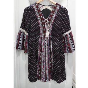 Entro Mini Dress Large Tunic Boho Black Hippy Crochet Anthropologie Free People - Picture 1 of 5