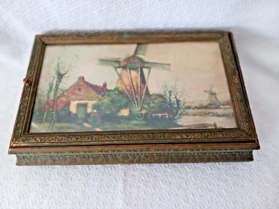 ANTIQUE WOODEN BOX w/DUTCH SCENE ON GLASS TOP, GOLD-GILT, 100 YRS OLD - Image 1 of 4