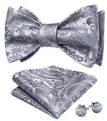  Bow Ties for Men Paisley Self Tie Bowtie Pocket Square Cufflinks Silver Floral - Image 1 of 4