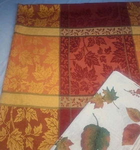 Thanksgiving/Harvest Banquet Autumn Leaves Ctn Jacquard Tablecloth 120x52 Napkin - Picture 1 of 13