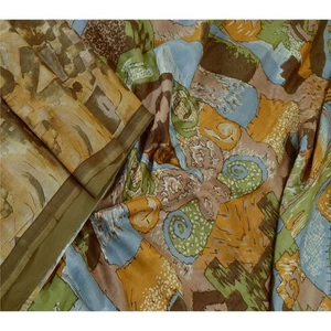 Sanskriti Vintage Sarees Beige Abstract Printed Pure Silk Sari 6Yd Craft Fabric - Picture 1 of 10