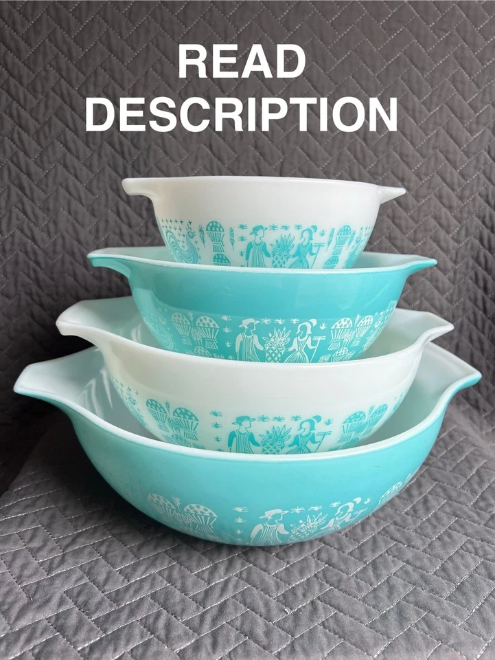 Pyrex AMISH BUTTERPRINT Cinderella Mixing Nesting Bowls Turquoise Set of 4 NICE - Image 1 of 4