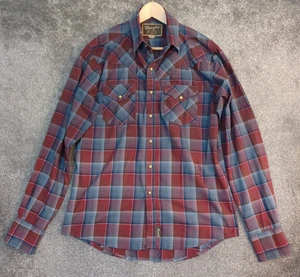 Wrangler Western Shirts Mens Medium Retro Red Blue Plaid Pearl Snap Long Sleeve - Picture 1 of 12