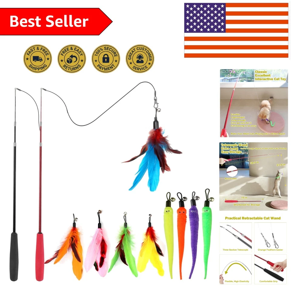 Meohui 11pcs Retractable Cat Feather Toy Set Interactive Wand With 2 Poles & 9
