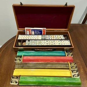 Antique Mahjong Set in Case 152 Bone Bamboo Ducktail Tiles 5 Bakelite Racks Plus - Picture 1 of 24