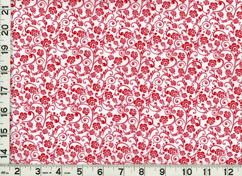 Red Victorian Flowers & Curls on White Quilting & Sewing Fabric by the Yard #c10 - Image 1 of 1
