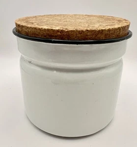 Vintage Enameled  White Tin Sugar Jar Made in Poland Cork Lid 5" Tall NICE!! - Picture 1 of 9