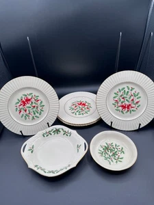 Lenox Holiday 6-Piece Set Holly & Ribbon Gold Trim Fine China Made in USA - Picture 1 of 19