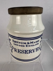 Fortnum & Mason blue white Jam Preserve Sauce Pot & Wooden Lid. Crown Devon - Picture 1 of 11