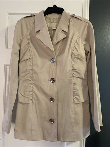 Cappotto donna Michael Kors marrone kaki trench pea taglia 6 foderato dettaglio fiocco posteriore