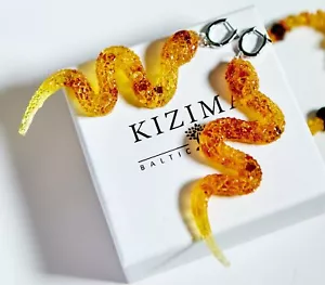 USA Handmade 925 Silver Snake Earrings with Amber 2025 Christmas Amber Snake - Picture 1 of 4