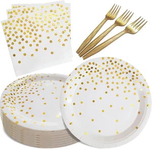 White and Gold Paper Plates Napkins Party Supplies,Disposable Gold Dot Paper Des - Picture 1 of 12