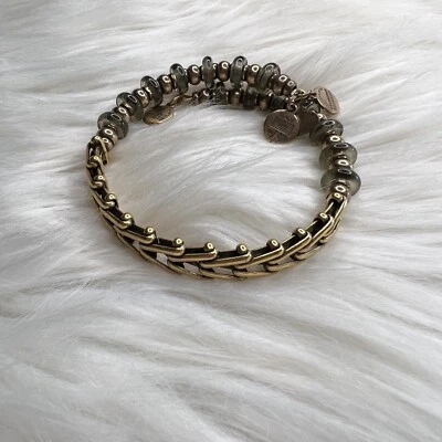 Alex and Ani Vintage 66 Rafaelian Gold Herring Bone and Sage Green Beaded Wrap - Image 1 of 3