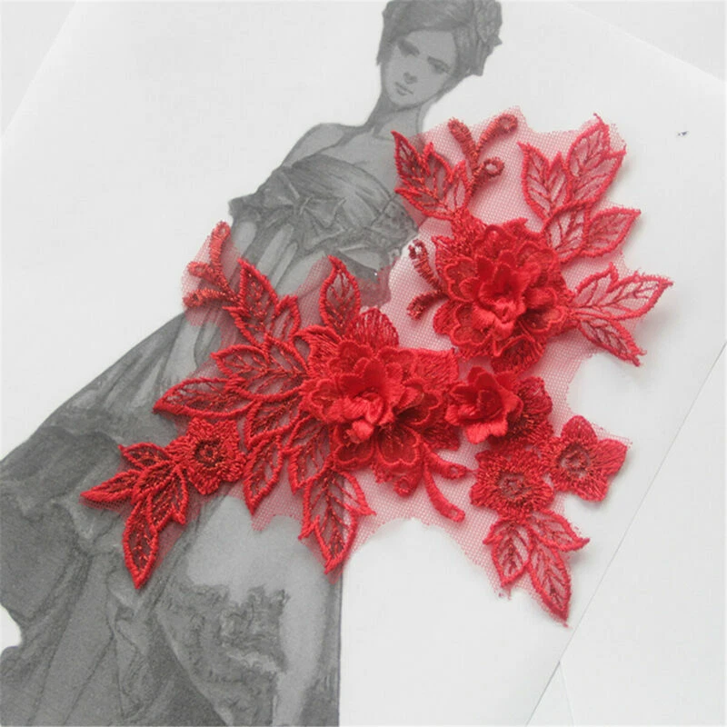 2pcs 3D Embroidery Flower Lace Bridal Applique Lace Tulle Wedding Dress Decor - Image 1 of 4