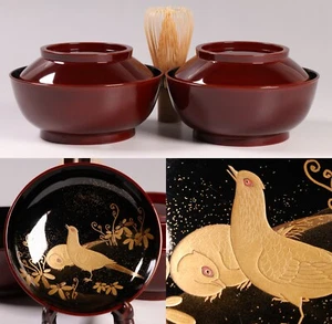 Japanese Wajima Lacquer Pair of Lidded Soup Bowl 5.28inch Gold Two Birds Maki-e - Picture 1 of 20