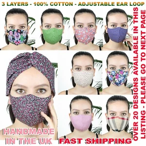 LADIES HANDMADE FACE MASK SHIELD HEADBAND 100%COTTON WASHABLE ADJUSTABLE EARLOOP - Picture 1 of 109