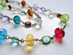 Vintage Lucite Oval Bezel Set Faceted Crystal Multi Color Gold Link Necklace 48" - Picture 1 of 12