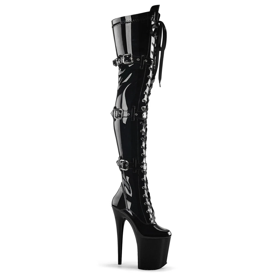 Black Latex Thigh High Buckle Straps Fetish Hooker Drag Queen Boots Pleaser - Image 1 of 1
