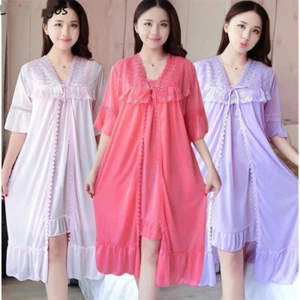 Women Solid Ice-silk Lace Up 3XL Loose Nightwear Thin Bathrobe Robe Gown Sets - Picture 1 of 24