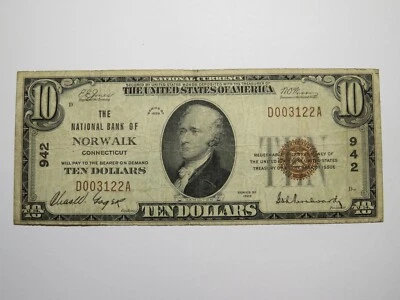 $10 1929 Norwalk Connecticut CT National Currency Bank Note Bill Ch. #942 Fine++ - Image 1 of 3