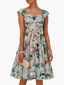 ABITO MIDI FASE OTTO ADELE BLU FIORE VERDE FLOREALE ANNI '50 FLARE 12 DUE VOLTE £140 - Foto 1 di 6