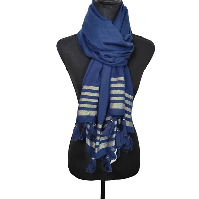 Bufanda Abercrombie and Fitch para mujer envolvente azul marino y dorado flecos borlas algodón Foto 1 de 4