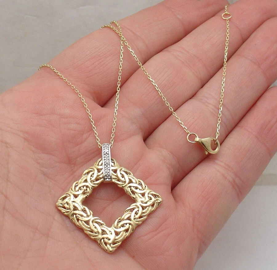 Natural Diamond Accent Square Byzantine Pendant Cable Chain Real 14K Yellow Gold - Image 1 of 4