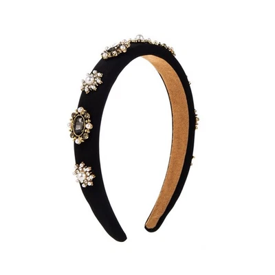 Diadema negra hecha a mano con adornos de cuentas y perlas Foto 1 de 3