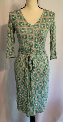 Vintage 90s Y2K Fitted Wrap Dress Teal Turquoise Medallion 3/4 Sleeve Size S - Image 1 of 4