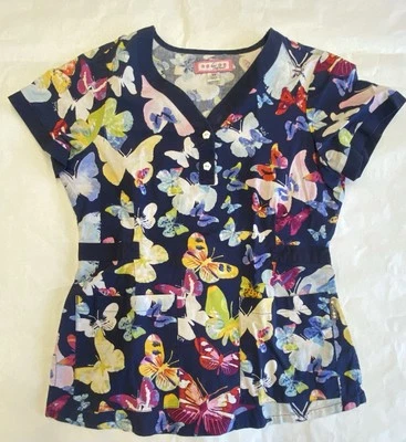 Koi Women’s Scrub Top Size XS Butterfly Dark Blue W/Floral Graphic Fitted Waist - Image 1 of 4
