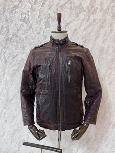 Hugo Boss Jaboo Leather Biker Jacket Field Pocket Stow Brown Men's Size 48 - Picture 1 of 24