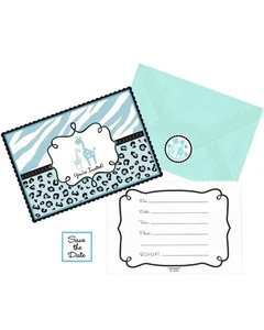 Sweet Safari Boy Jungle Animal Blue Baby Shower 20 Invitations w/Envelopes - Picture 1 of 3