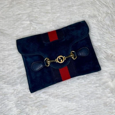De colección Raro Gucci Gamuza Triple Plegable Línea Jerez Azul Marino Rojo Entrelazado GG Horsebit Foto 1 de 4