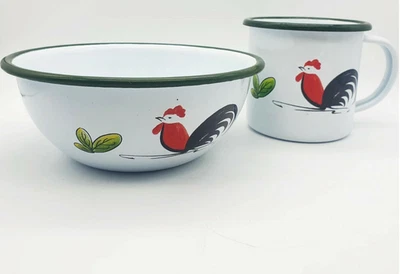 Rare Chicken Enamelware Enamel Mug Cup Bowl Camping Animal Pet Two Pieces Set - Image 1 of 4