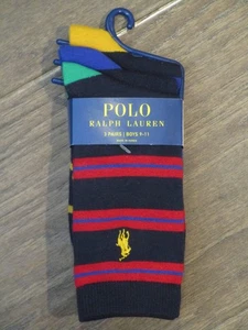 POLO RALPH LAUREN 3 PAIRS BOY'S BLACK STRIPE ASST CREW SOCKS SIZE 9-11 - Picture 1 of 2