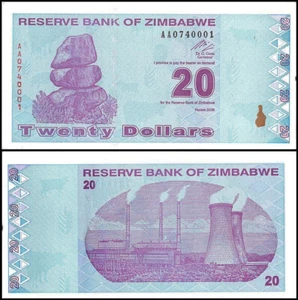 Billete de 20 dólares de Zimbabue 2009 sin circular UNC billón revisado AA+ P-95 - Imagen 1 de 1