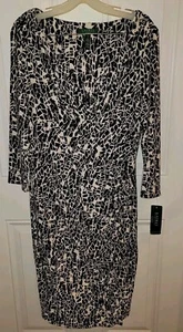 Ralph Lauren Print Dress Essentials Size 14 Sheath Ruched Side Stretch NWT - Picture 1 of 8