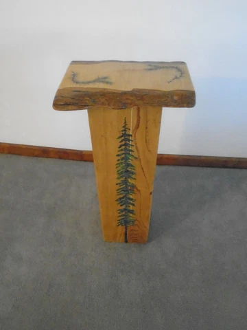 Live Edge Rustic Hand Painted Pine trees Oak wood Pedestal Plant Stand Cover