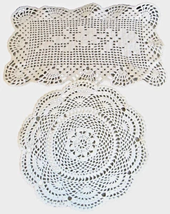 Unbranded Handmade White Crocheted Doilies One Rectangle One Round Lot of 2 - Picture 1 of 5