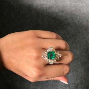 Square Shape Green Zambian 3.26CT Emerald With Fancy Shape CZ Cluster Women Ring - Picture 1 of 6