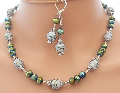 2er Set Halskette Collier Ohrringe Perlen Glas weiß petrolgrün Strass 156g - Bild 1 von 4