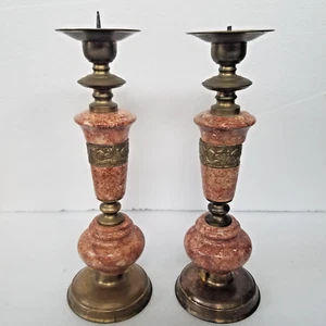 Hollywood Regency Pair Italian Large Brass & Red Marble Candleholders - Picture 1 of 16