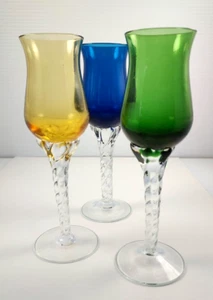 Murano Cordial Glasses Hand Blown Twisted Stem Cobalt Gold Olive Italy - Picture 1 of 5