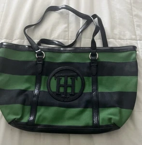 Tommy Hilfiger Striped Shopper Tote Bag Navy Green Nautical Logo - Picture 1 of 7