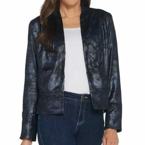 size 4 H by Halston Distressed Faux Suede Long Sleeve Jacket Metallic Blue new - Picture 1 of 2