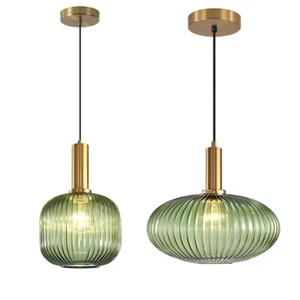 Green Glass Transparent Pendant Ceiling Light Modern Ribbed Glass Hanging Lamp - Picture 1 of 17