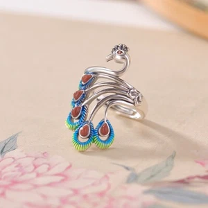 N02 Anillo Pavo Real con Gotas de Ágata Roja Plata de Ley 925 Ajustable - Imagen 1 de 5