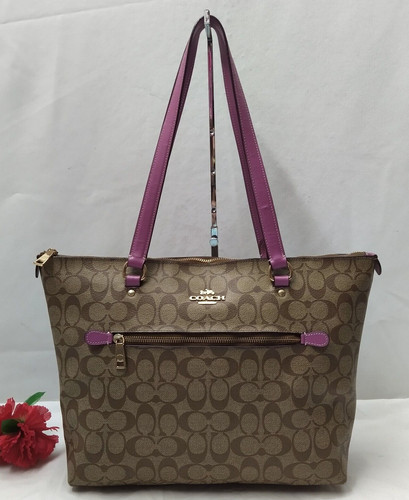 Borsa a tracolla Coach Gallery Signature in pelle rivestita marrone doppio manico